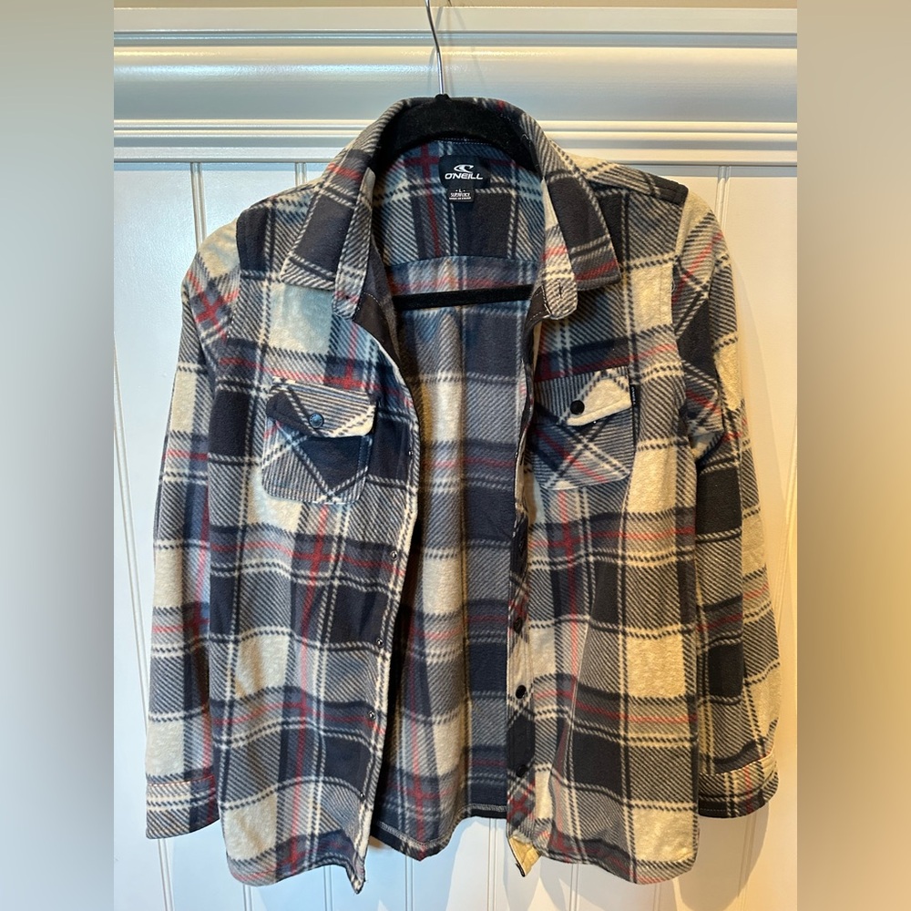 O’Neill Mens SIZE Large Grey & Red Fleece Flannel Button Down Shirt